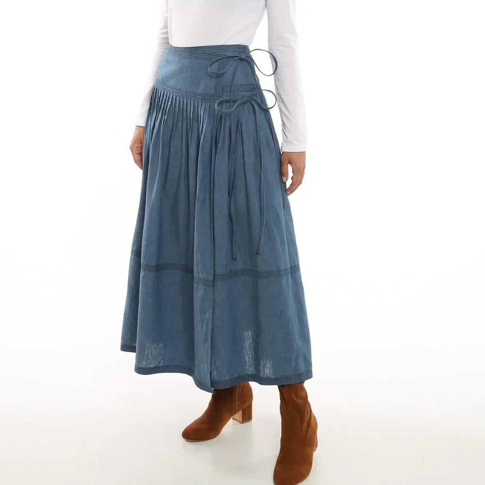 Tory Burch NWT Chambray linen blend pleated tiered wrap side tie midi skirt 6